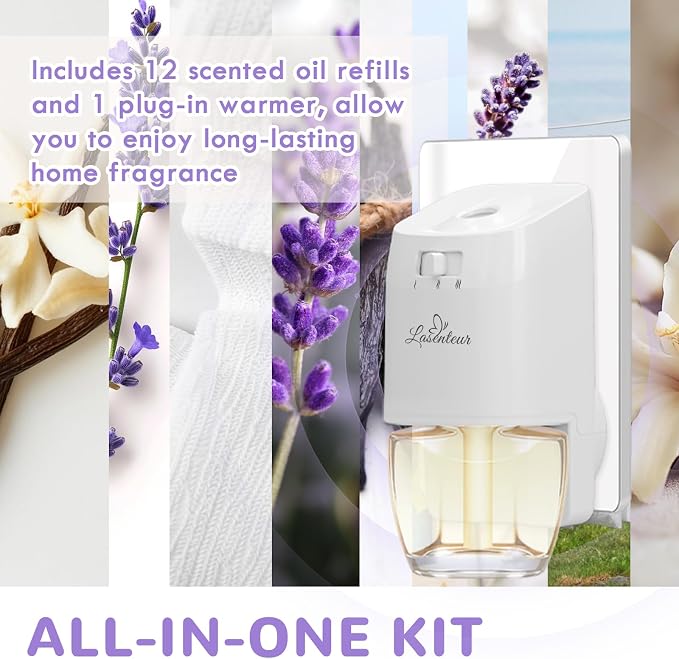 Plug In Air Fresheners for Home – 12 Pack Scented Refills with 1 Plug In Warmer – Linen, Lavender, Vanilla, Summer Fresh Air Freshener, Odor Eliminator for Bathroom, Room, House