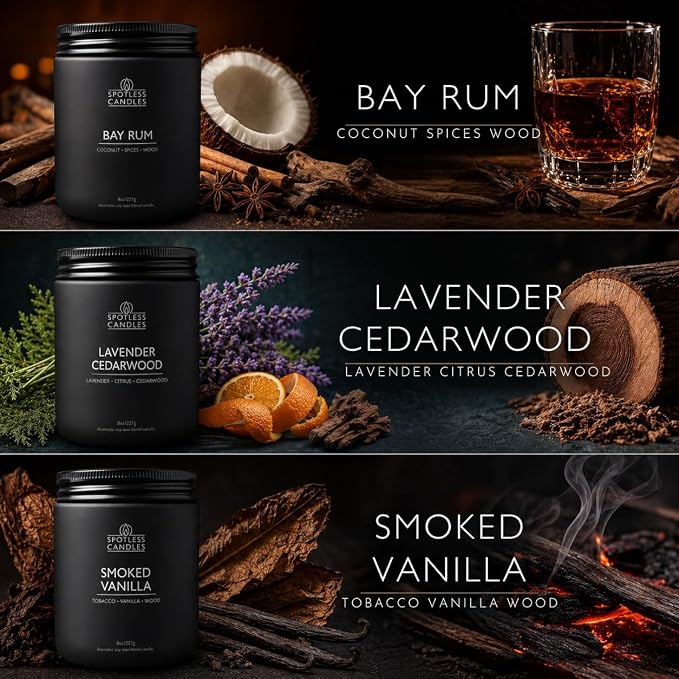 Mens Candle 3 x 8oz Pack Smoked Vanilla Bay Rum and Lavender Cedarwood Scents