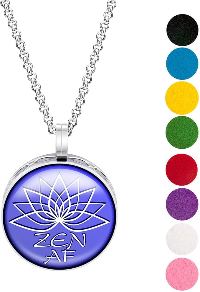 Wild Essentials Zen AF Enamel Finish Essential Oil Diffuser Necklace Gift Set - Includes Aromatherapy Pendant, 24" Stainless Steel Chain, 8 Color Refill Pads
