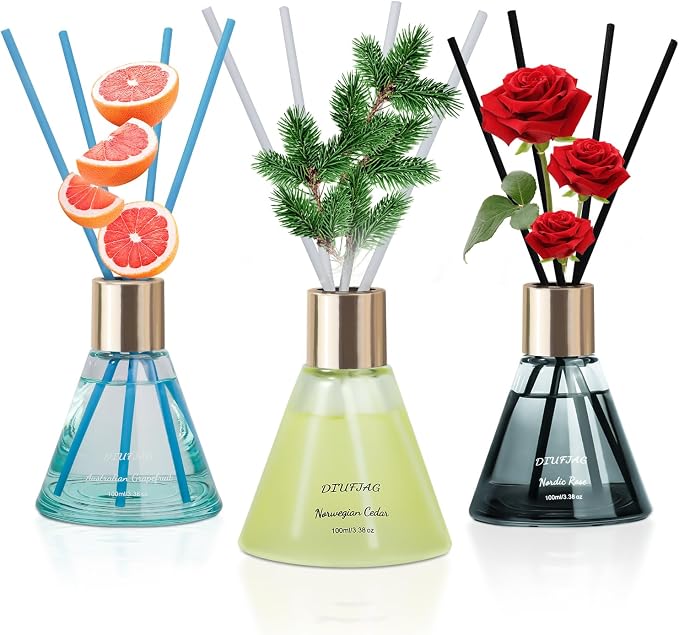 3 * 100ml Scent Diffusers with 24 Fiber Sticks,Rose Cedar Grapefruit Reed Diffusers for Room Decoration,Last Up 60 Days