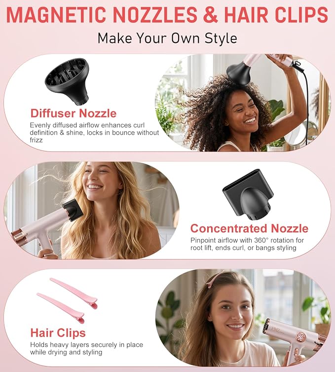 FMZ Professional Ionic Hair Blow Dryer with Smart Display, 1875W High Speed Brushless Motor for Fast Drying, Small Portable Light weight Low Noise, Curly Diffuser Blowdryer for Women Kids Salon Travel