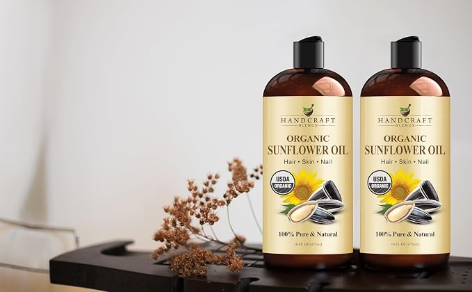Handcraft Blends USDA Organic Sunflower Oil - Cold-Pressed 16 Fl Oz - 100% Pure and Natural - Premium Grade Carrier Oil for Skin and Hair - Hair and Body - Massage - Hexane-Free
