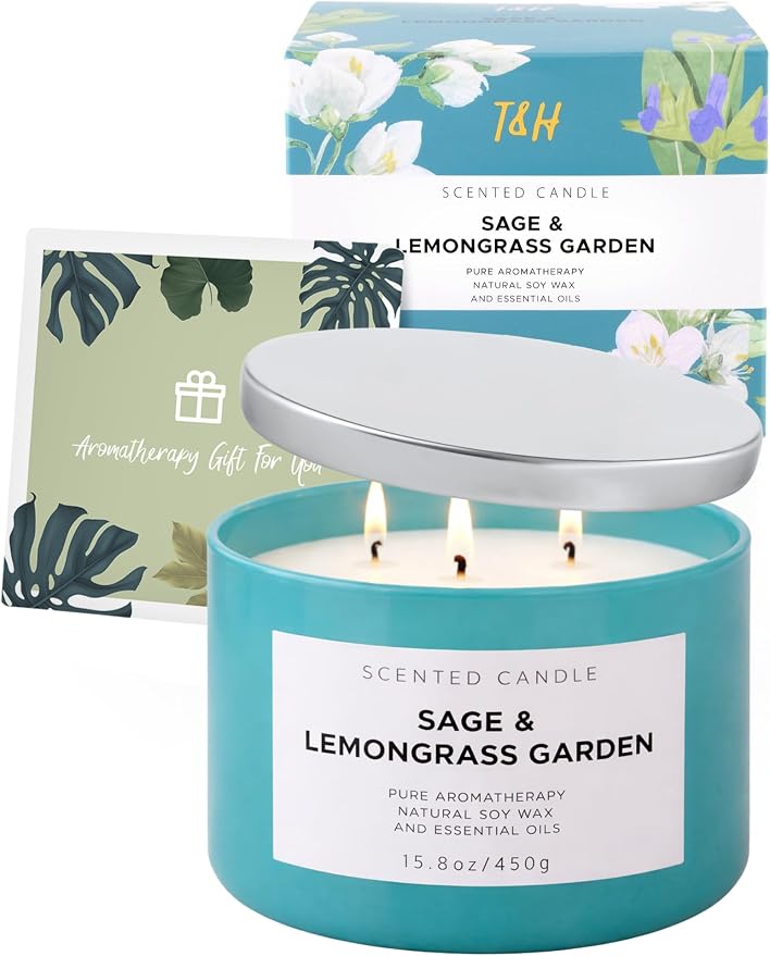 Sage Lemongrass Garden Scented Candle | 3 Wick Large Soy Candles for Home 15.8oz | Fresh Clean Herbal Citrus Candle | Long Lasting Clean Burn | Aromatherapy Stress Relief Gift for Women & Men