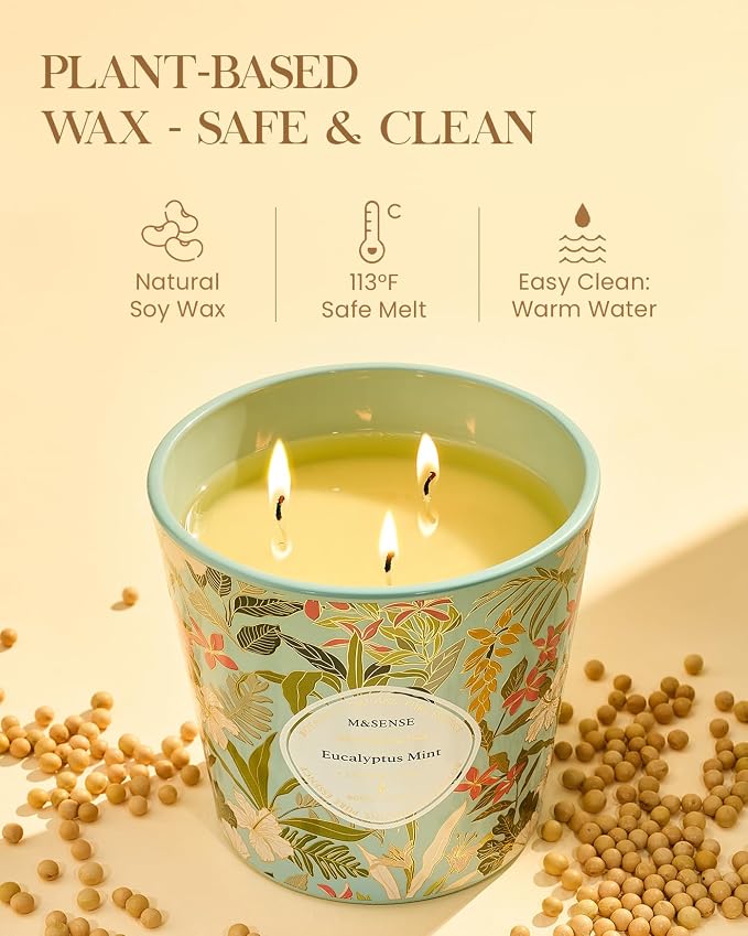 M&SENSE Eucalyptus & Mint Scented Candle, 28.2oz 3 Wick Natural Soy Wax Large Candles, Long Lasting Clean Slow Burning No Toxic Décor for Home Relaxation, Romantic Dates Gift-Giving