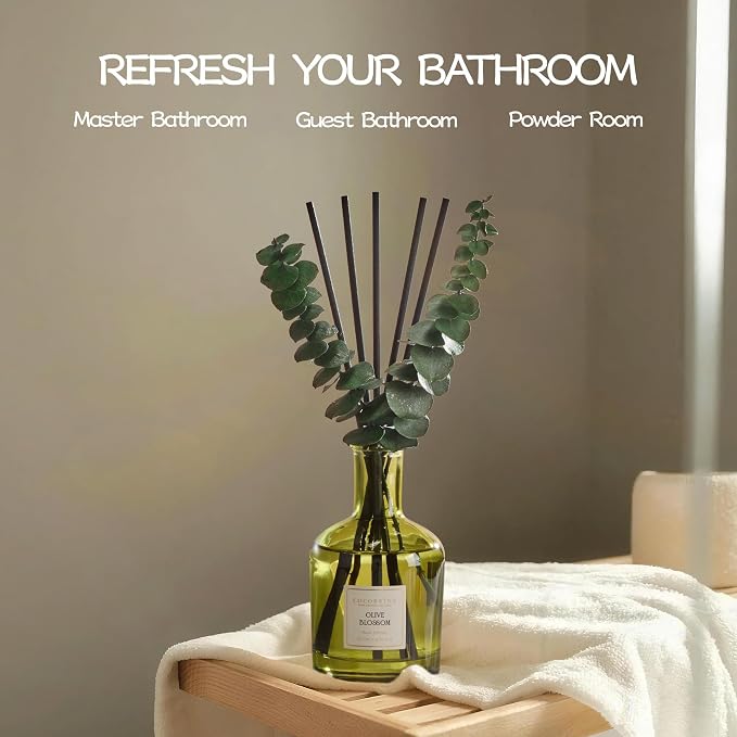 COCORRÍNA Olive Blossom Reed Diffuser – 6.76 oz Essential Oil with 8 Reeds & Real Eucalyptus Sticks, Home Fragrance for Bedroom or Bathroom Décor