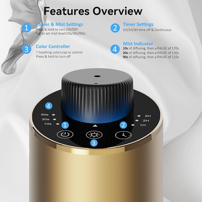 Waterless Essential Oil Diffuser Aromatherapy Scent Diffusers for Home Large Room, Bedroom, Car, Office, Desk, Battery Operated Mini Portable Air Freshener, 3 Countdown Timers & 3 Mist Levels, Gold