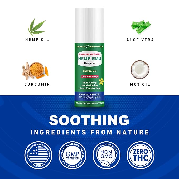 Hemp Emu - Hemp Roll On Gel - Muscle Rub for Back & Joint Discomfort - Soothing Gel with Organic Hemp Oil, Emu Oil, Menthol, Eucalyptus, Aloe Vera
