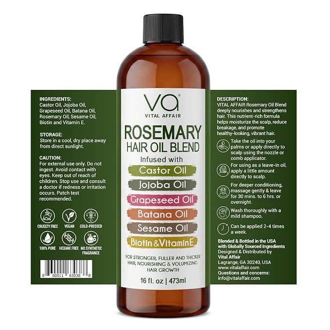 VITAL AFFAIR Blend Of Pure Rosemary Oil For Hair Growth With Castor, Batana, Jojoba Oil-Infused With Biotin & Vitamin E-Blend of Effective Hair Oils for Hair Growth-Strengthening Treatment 16 Fl Oz