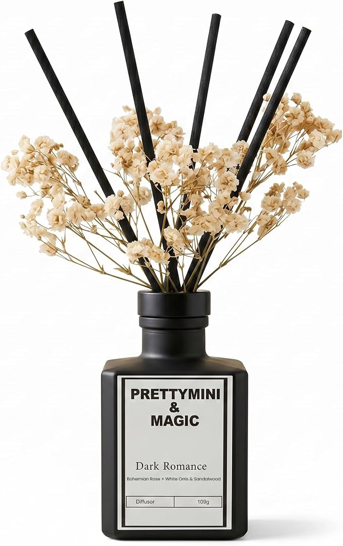 PRETTYMINI & MAGIC Reed Diffuser Set – Bohemian Rose + White Orris & Sandalwood Home Fragrance, Long-Lasting Reed Diffusers for Home Fragrance with Sticks for Bedroom, Bathroom & Shelf Décor – 100g