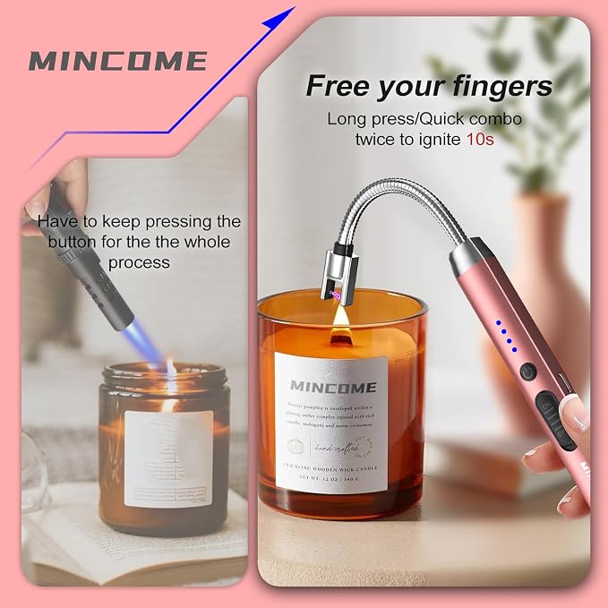 Candle Lighter, Windproof Flameless Electric lighters, Long Lighter with 360° Neck & Safety Switch, USB-C Rechageable LED Power Display Arc Lighters for Birthday BBQ Candle (Rose Gold)
