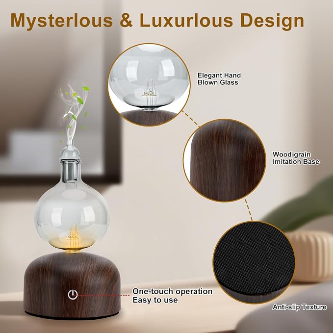 Lychee Rechargeable Waterless Essential Oil Diffuser, Aromatherapy Spray Glass Oil Diffuser, Touch Control with 2 Modes,Travel Portable，Silent Operation and Auto-Off Yellow Light for Home Office