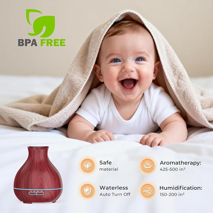 Aromatherapy Essential Oil Diffuser 550ml 12 Hours Wood Grain Aroma Diffuser with Timer Cool Mist Humidifier for Large Room, Home, Baby Bedroom, Waterless Auto Shut-off,7 Colors Lights Changing