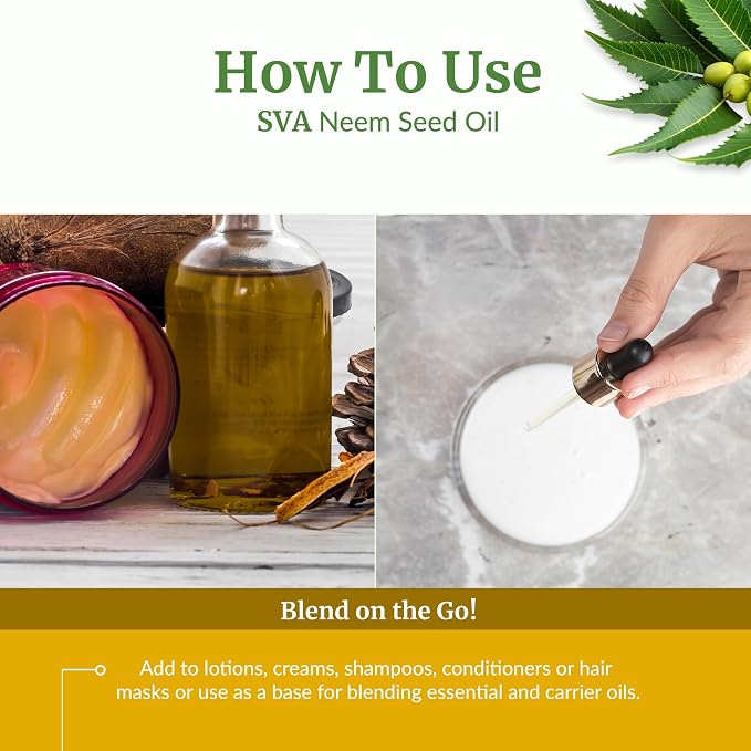 SVA Neem Seed Oil Organic - 32 Fl Oz – 100% Natural Cold Pressed Organic Neem Oil - for Face, Skin Care, Hair Care, Scalp Massage & Body Massage – Carrier Oil with Dropper