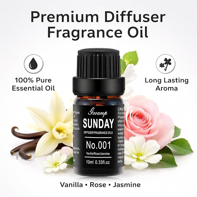Gooamp SUNDAY-001 Diffuser Oil Essential Oils Blend - Vanilla/Rose/Jasmine - 10mL 0.33fl.oz - Suitable for Water, Anhydrous, Reed, Cold Air, and Automobile Diffusers - Ideal for DIY Crafts