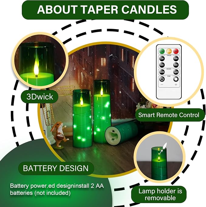 kakoya Flameless LED Candles with Timer 5 Pc Flickering Flameless Candles for Romantic Ambiance and Home Decoration Stable Acrylic Shell,with Embedded Star String，Battery Operated Candles（Green）