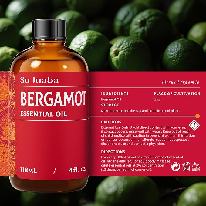 SU JUABA Bergamot Essential Oil 4 Fl Oz for Refreshes Uplifts, Skin, Hair,Diffuser, Aromatherapy -118ml