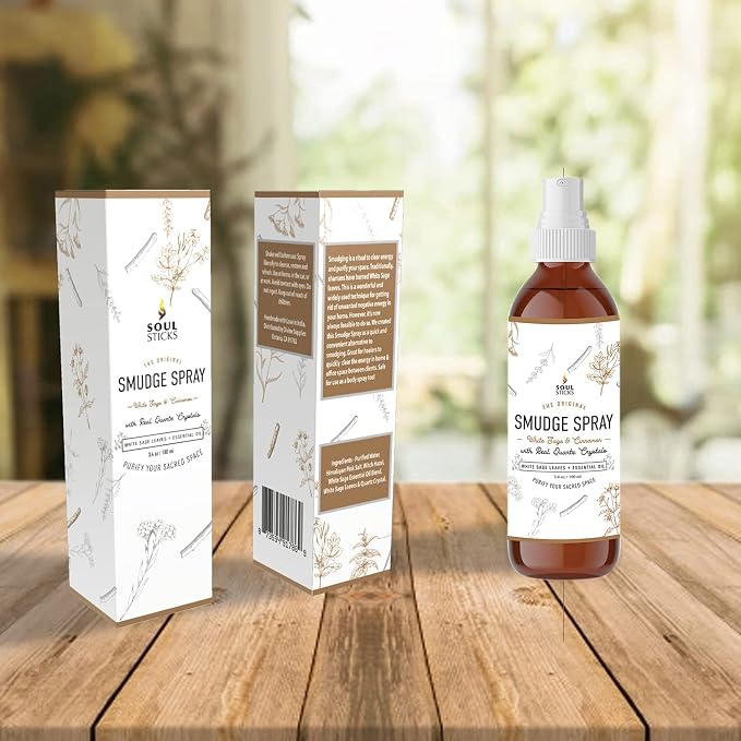 SOUL STICKS White Sage & Cinnamon Smudge Spray – 3.5oz Smokeless Energy Mist with Quartz Crystals – Non-Toxic Cleansing Spray for Aura, Home, Car, Meditation, Yoga, Stress Relief & Protection