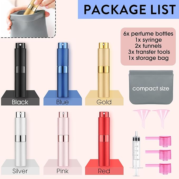 6 Pack 8ML Empty Cologne Travel Spray Bottle Perfume Atomizer for Refill Portable Cologne Dispenser Mini Sprayer for Women Twist Tpye