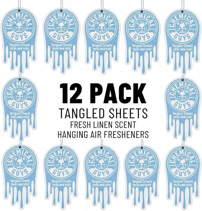 Chemical Guys Hanging Car Air Freshener 12-Pack, Tangled Sheets Premium Clean Linen & Soft Cotton Fragrance, Rearview Mirror Paper Fresheners for Cars, Trucks, SUVs, RVs & Boats
