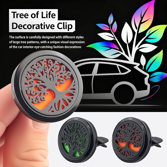 2PCS 30mm Tree of Life Car Essential Oil Diffuser Vent Clip,Stainless Steel Car Diffusers for Essential Oils as Decoration with 12 Felts,Stylish Essentials Oil Cars Diffuser Vent Clips