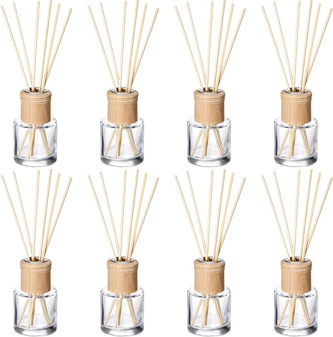 Roshtia 8 Set Reed Diffuser Bottle Empty Refillable Fragrance Glass Diffuser Bottles Set with Wooden Caps Sticks 50ml 1.7 oz Round Glass Jars for DIY Fragrance