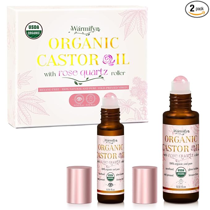 Organic Castor Oil with Real Rose Quartz Roll-On, 2 Pack for Face & Eyes — Lash & Brow Growth, Under Eye Care, Skin Moisturizing, Cold-Pressed, Hexane-Free, Beauty Self-Care Gifts for Women