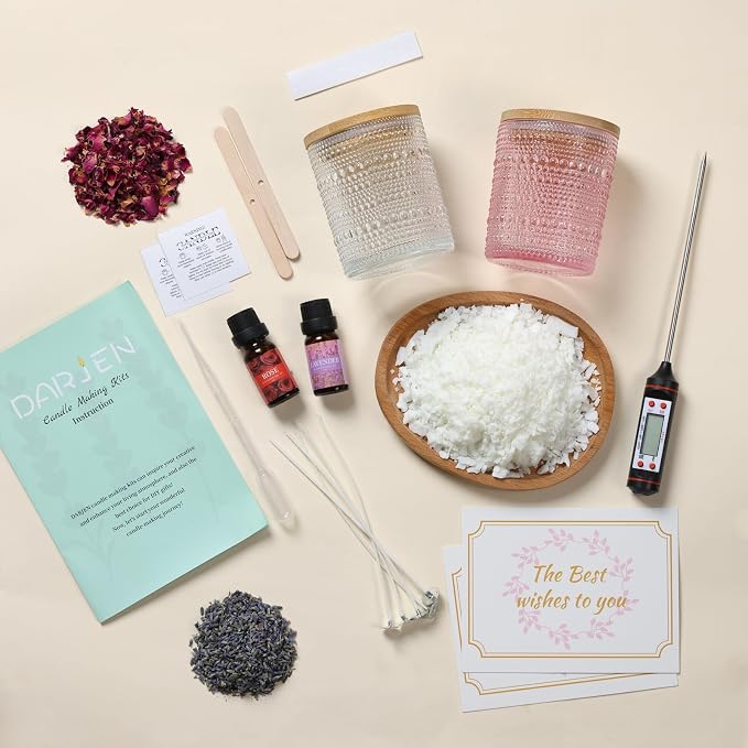 DARJEN Candle Making Kits for Beginners, DIY Starter Scented Candles Making Kit - 2 Glass Jars(Clear, Pink), Soy Wax, Scented, Card & More, Full Soy Candle Making Supplies Set Perfect Gifts