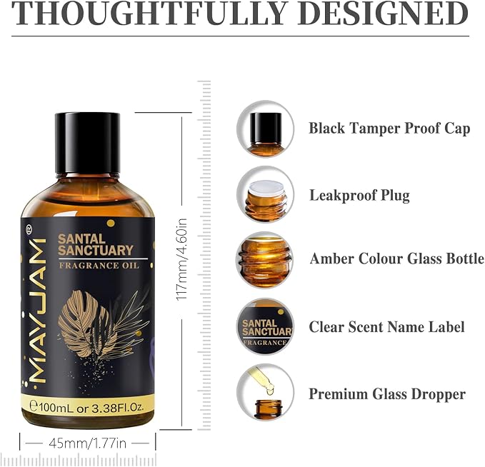 Santal Sanctuary Fragrance Oil Essential Oil, MAYJAM 3.38FL.OZ Santal Sanctuary Oil for Diffusers for Home, Long Lasting Scented Oils for Soap Candle Making - 100ML