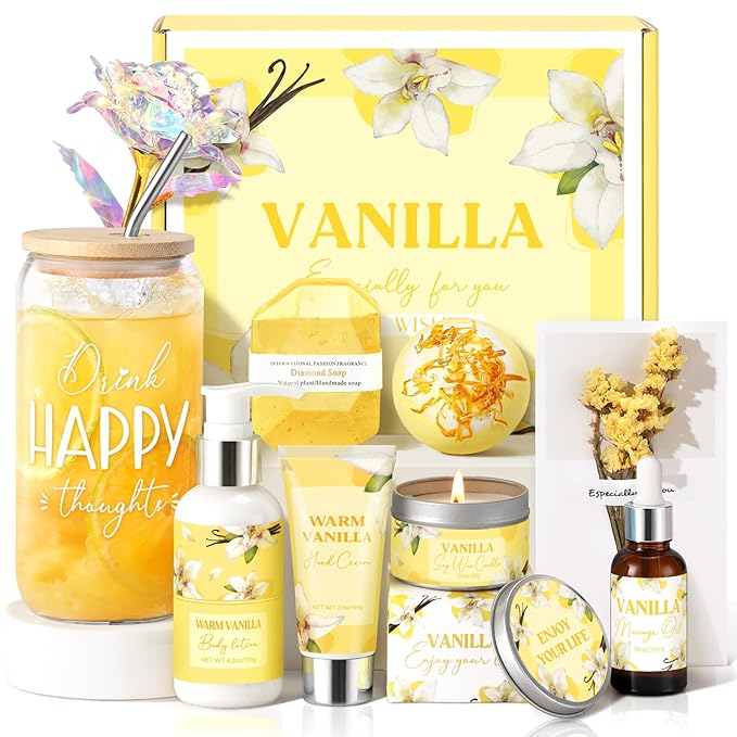 Birthday Gifts for Women, Relaxing Spa Gift Baskets for Women, Warm Vanilla Self Care Package Gifts, Mothers Day Bath and Body Inspirational Gift Set for Mom, Her, Wife, Best Friend, Sister, Coworker