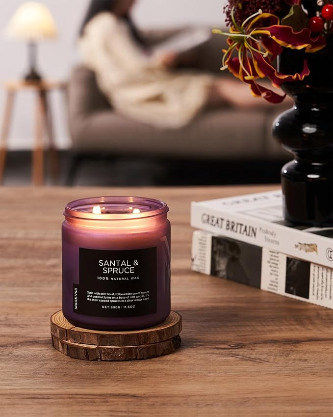 M&SENSE Santal Spruce Scented Candle, 11.6oz 70 Hours Burn Non Toxic Natural Soy Wax, 2 Cotton Wick Candle for Winter Holiday Housewarming Gifts for Family Friends Teachers