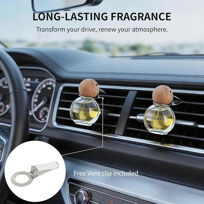 Hanging Car Air Freshener 2 Pack, Sandalwood Scent Essential Oil Diffuser Long Lasting & Cute Car Accessories with 2 Vent Clip for Women Men Gift, Odor Eliminator