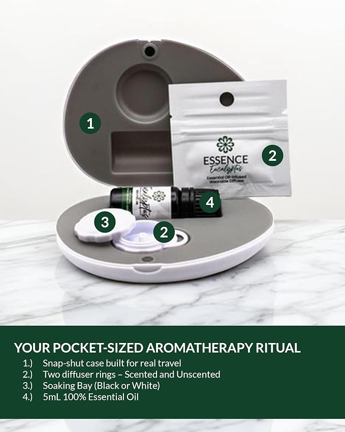 Essence Pearl Travel Case | Eucalyptus Essential Oil | Aromatherapy Nasal Diffuser & Essential Oil Carrying Case | Refreshing Eucalyptus Scent | Travel-Friendly Kit | White Pod