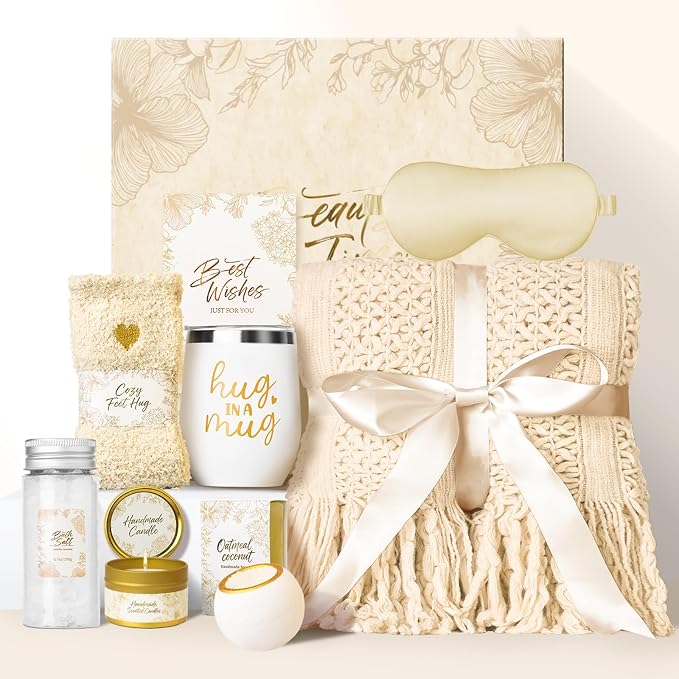 Gift Basket for Women, Self Care Set with Knitted Throw - Care Pkg - Beige | for Women Mom Her Friend Sister Wife Grandma Fringe Blanket, Spa Bath Bombs Candle Soap Sea Salt, Birthday Get Well