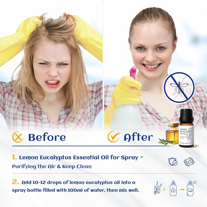 HIQILI Lemon Eucalyptus Oil, for Spary, Diffuser, Indoors, Outdoors, Garden, Yard,- 0.33 Fl Oz