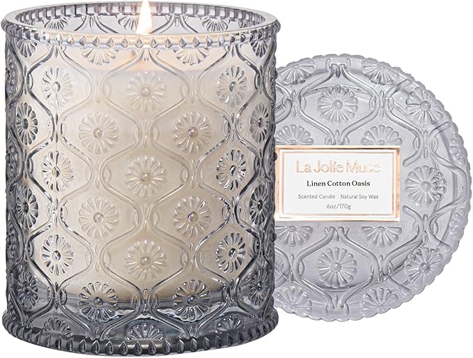 LA JOLIE MUSE Linen Cotton Clean Scented Candles for Home, Soy Wax, 40 Hrs | Luxury Jar Candle, Clean Non Toxic, Gift for Women & Men, Decorative Grey Candles for Candle Wamer Lamp, Fresh Scent Candles