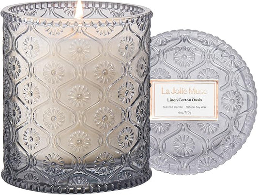 LA JOLIE MUSE Linen Cotton Clean Scented Candles for Home, Soy Wax, 40 Hrs | Luxury Jar Candle, Clean Non Toxic, Gift for Women & Men, Decorative Grey Candles for Candle Wamer Lamp, Fresh Scent Candles