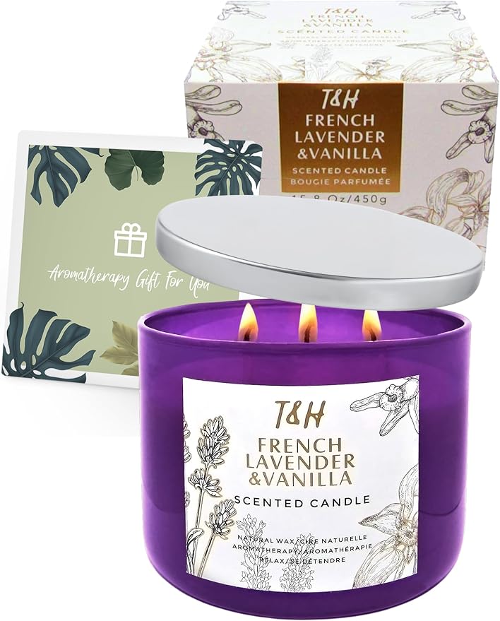 French Lavender Vanilla 3-Wick Scented Candle | 15.8 oz Large Soy Aromatherapy Candle for Home | Clean Burn Long Lasting | Relaxing Floral Vanilla Scent | Cozy Gifts for Women & Men