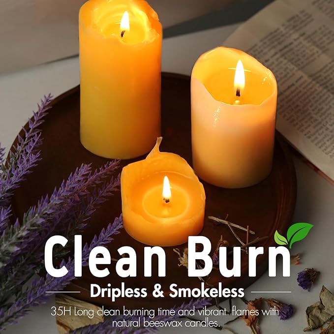 14 Packs Natural Beeswax Candles, Beeswax Pillar Candles with 490 Hours Burn Time, Organic Bees Wax Candles for Home, Relaxation, Smokeless & Dripless, 2x4 inch