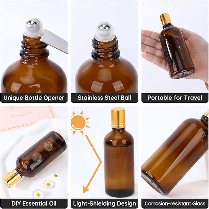 Segbeauty 3.4oz Thick Amber Glass Roller Bottles for Oils, 5pcs Large Empty Roll On Bottles for Perfume Massage Castor Essential Oil, 100ml Refillable Eye Essence Roller Ball Applicator with Dropper