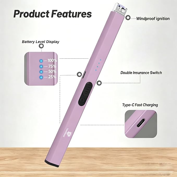 Elegant Electric Candle Lighter for Women with USB-C Charging, Portable and Easy to Use, Stylish Arc Lighter for Candles (Pink)