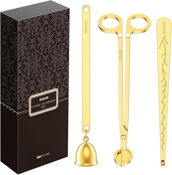 RONXS 3 in 1 Candle Wick Trimmer Set Candle Accessory Wick Cutter, Candle Snuffer Extinguisher, Candle Wick Dipper with Gift Package for Candle Lovers (Gold)