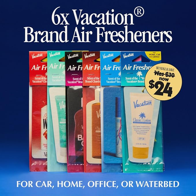 Vacation Car Air Freshener Variety Pack, 6 Scents, Pack of 6 - Hanging Air Freshener for Car, Home and Office - Classic Lotion, After Sun, Super Spritz, Baby Oil, Chardonnay and Whip Scents