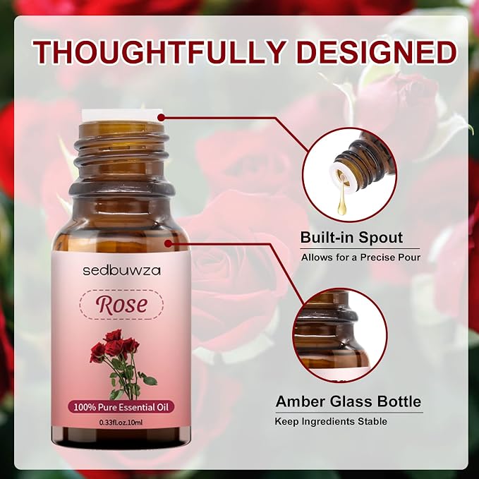 Sedbuwza Rose Essential Oil, 100% Pure Rose Fragrance Oil for Diffuser, Humidifier, Soap, Candle, Perfume - 10ml