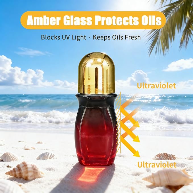 Amethyst Roller Waisted Bottles for Essential Oils,50ml Refillable Amber Glass Roll On Bottles with Natural Crystal Roller Balls, Leak-Proof Travel Perfume Bottle with Gold Caps