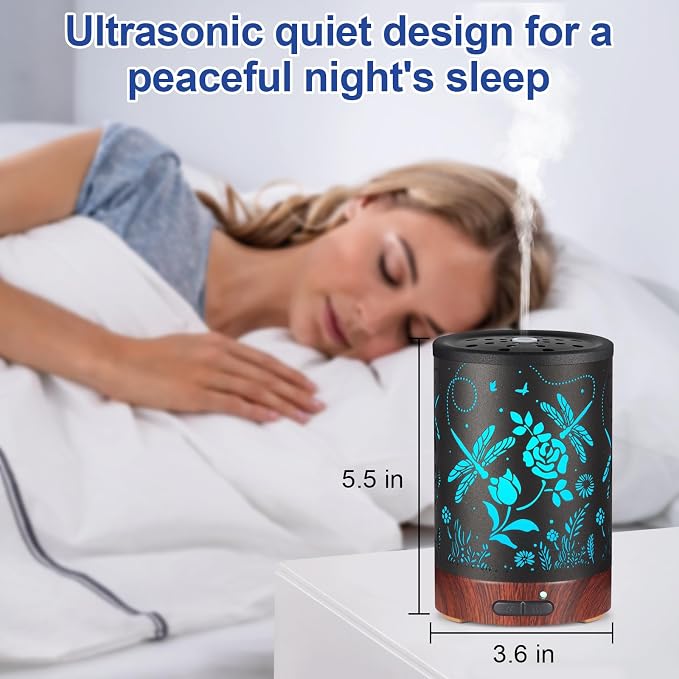 Essential Oil Diffuser- Aromatherapy Diffuser with7 Colors Light and Auto-Off for Women Metal Cool Mist Humidifier for Home and Office for Mom Women(Roses + Dragonflies)