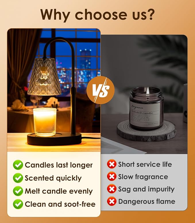 Candle Warmer with Timer - Electric Candle Warmer with Dimmer, Adjustable Height, Vintage Nightstand Lamp Sets (Diamond Pattern)