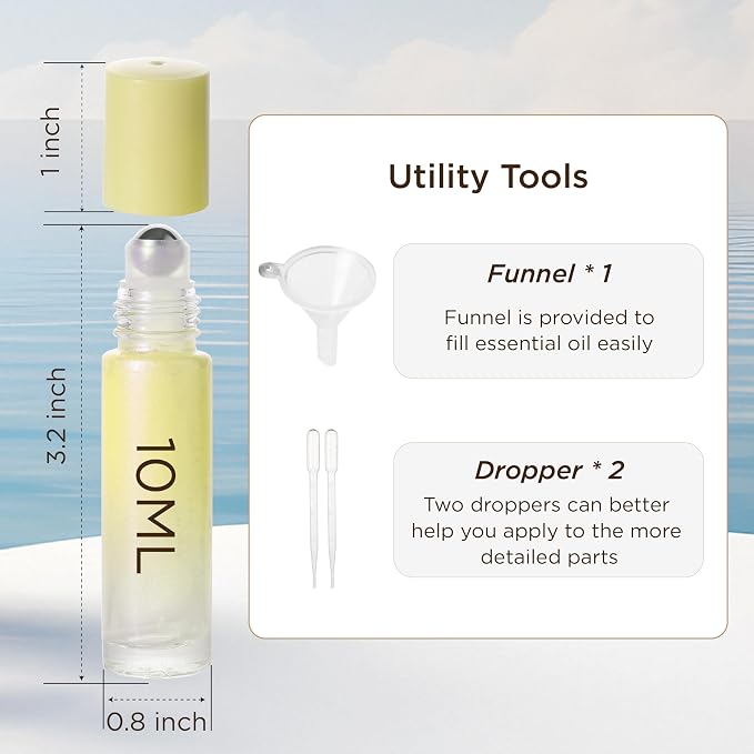 SESENSE Essential Oil Roller Bottles, 10ml Thick Glass Perfume Roller Bottles with Funnel Opener and Dropper Colored Glass Empty Bottles with Stainless Steel Roller Balls (Yellow, 4 Pack)