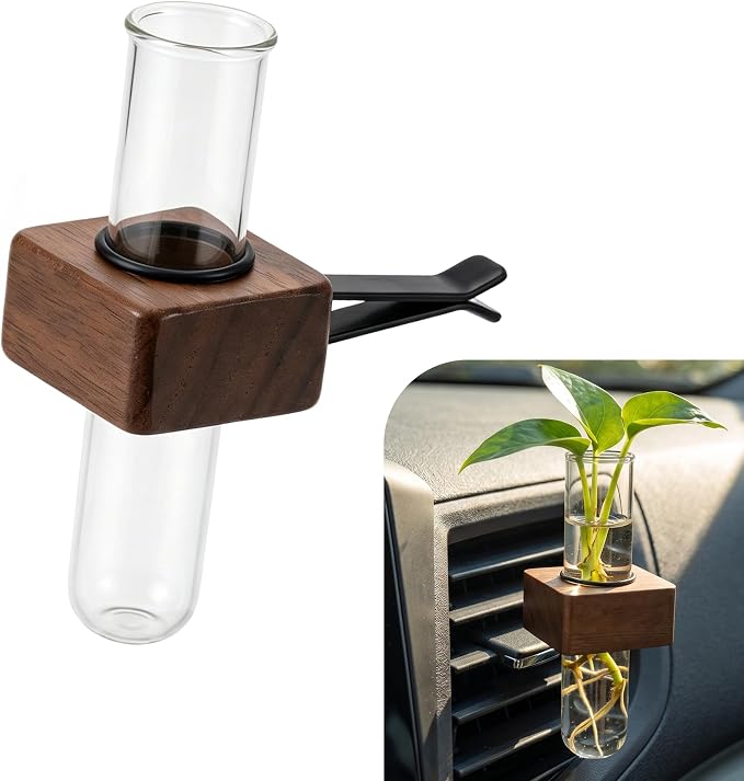Car Vent Clip Bud Vase, Car Air Vent Propagation Vase Diffuser, Glass Tube Plants Ornamental Decoration, Universal for Horizontal, Vertical, Angled Outlets (Square Walnut)