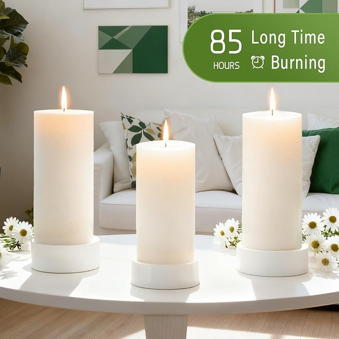 2.8x6 Inch Soy White Pillar Candles 255 Hours Long Burning Natural Unscented Non-Toxic White Soy Wax Candle Handmade Smokeless Soybean Pillar Candle for Wedding Table Home, 3 Pack