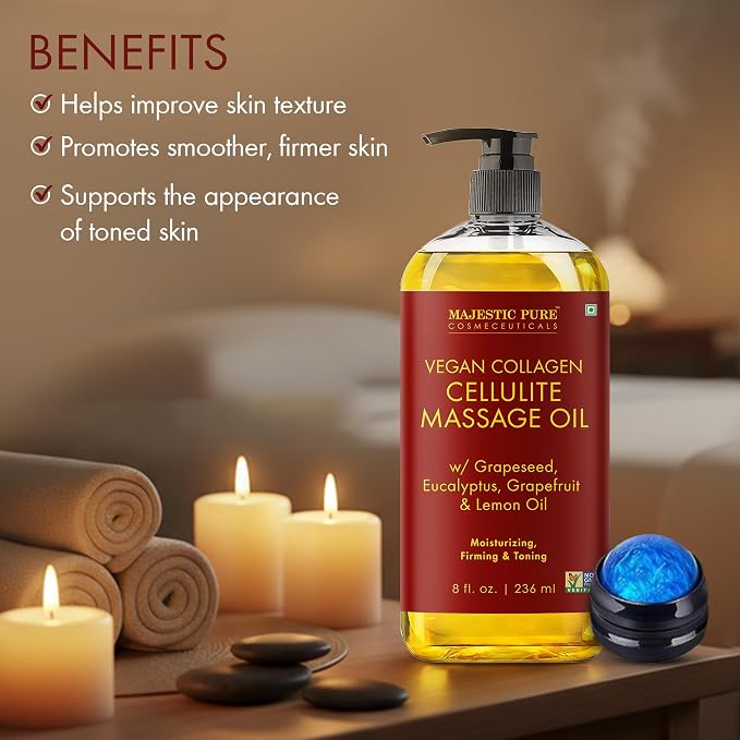 Majestic Pure Cellulite Massage Oil for Massage Therapy- Refreshing and Relaxing- Natural Oils with Grapeseed, Eucalyptus, Grapefruit & Lemon Oil- All Skin Types- Men and Women Massage Lotion- 8 fl oz